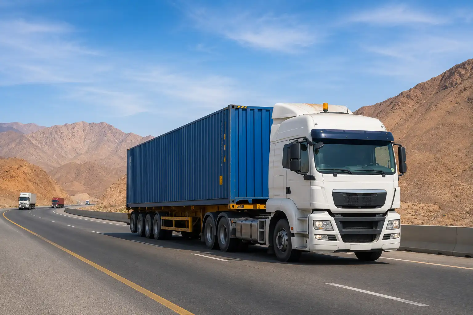 Container truck transporting cargo on a highway across Saudi Arabia for inland and overland freight movement.