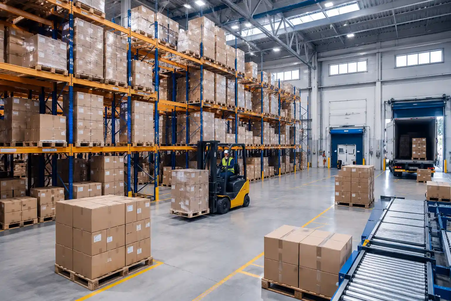 Modern warehouse with organized storage racks, forklift handling pallets, and loading dock for efficient cargo distribution in Saudi Arabia.