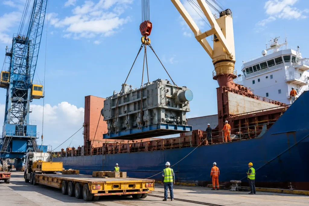 Heavy machinery being loaded onto a cargo vessel for break bulk cargo shipping in Saudi Arabia.