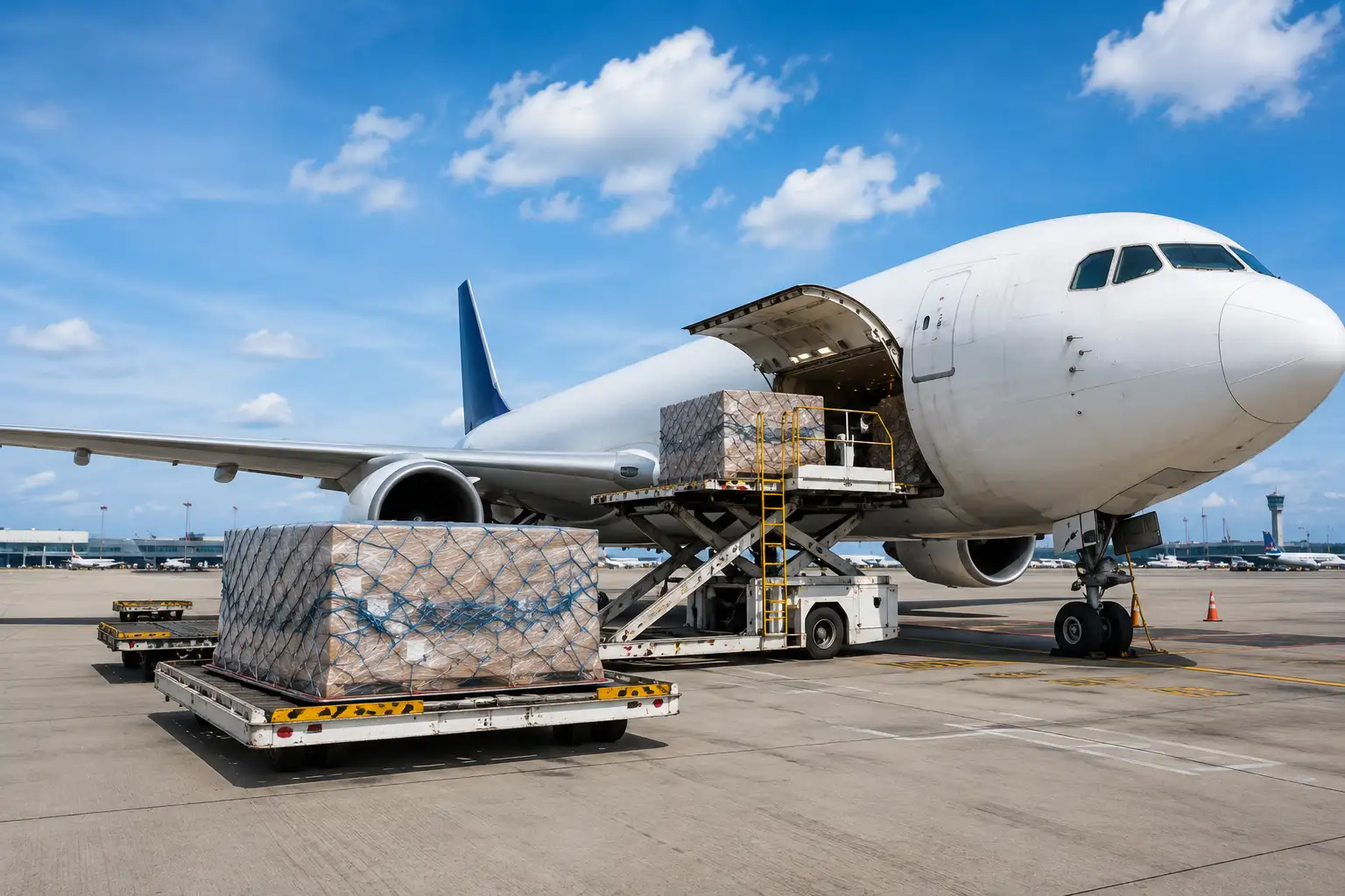 Cargo aircraft loading freight pallets for international air freight services in Saudi Arabia.