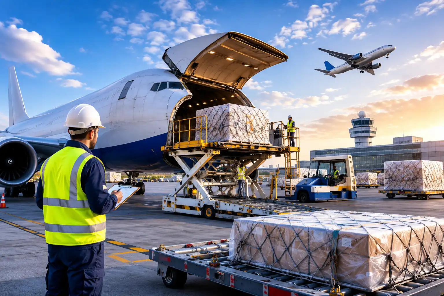 Cargo aircraft being loaded with freight pallets at an international airport in Saudi Arabia.