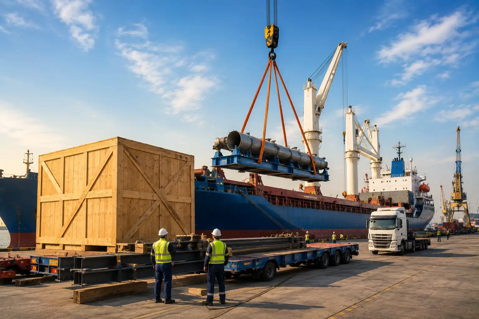Heavy industrial equipment being loaded onto a cargo ship using cranes for break bulk shipment at a commercial port in Saudi Arabia.