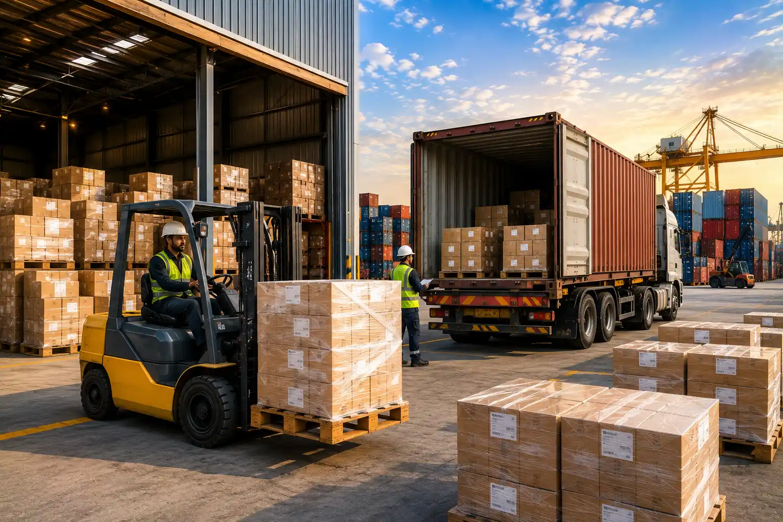 Forklift loading consolidated cargo pallets into a container at a modern logistics warehouse in Saudi Arabia.