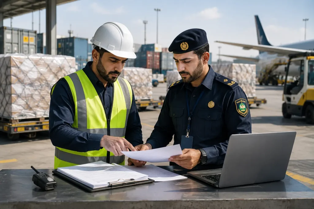 Logistics professionals reviewing customs documents for international air cargo clearance.
