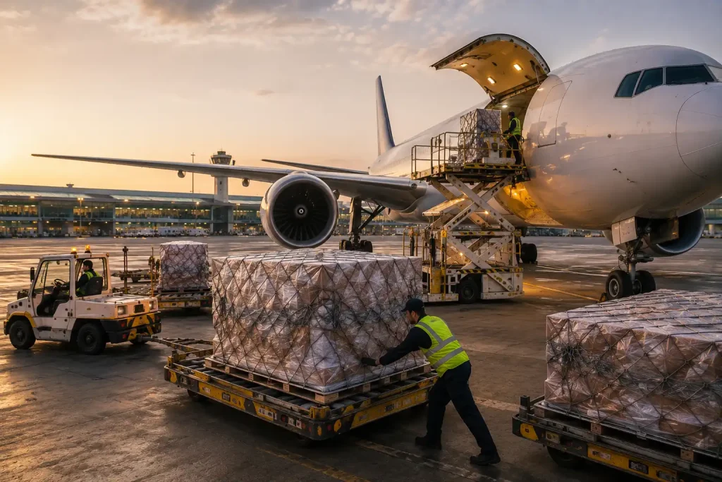 Express air cargo shipment being prepared for fast and time-sensitive delivery.