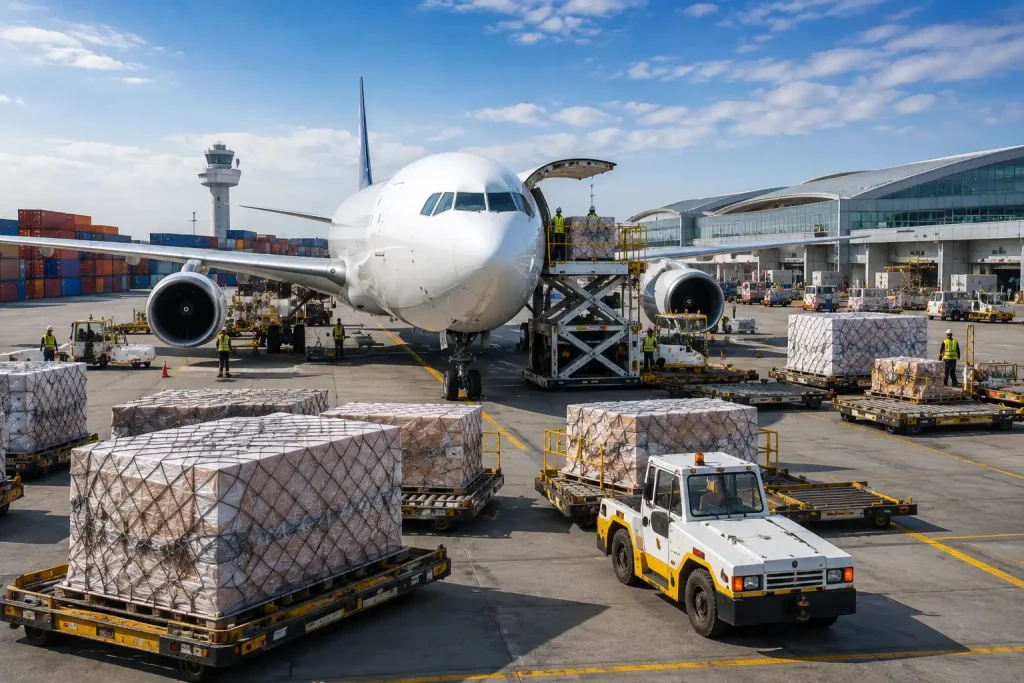 Air cargo import and export operations at an international airport cargo terminal.
