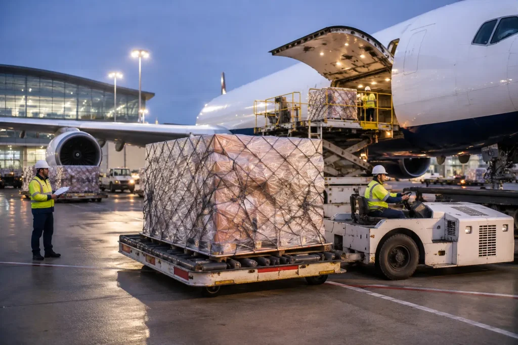 International air cargo being loaded onto a cargo aircraft for global freight transportation.