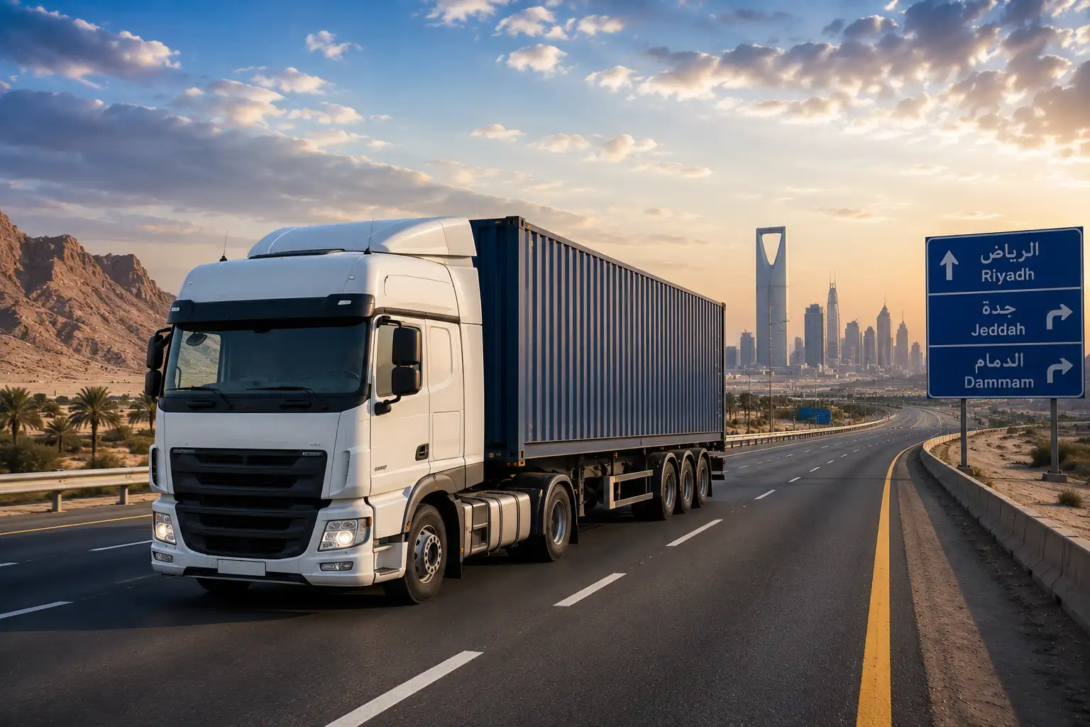 Modern cargo truck providing land freight transportation services across Saudi Arabia.