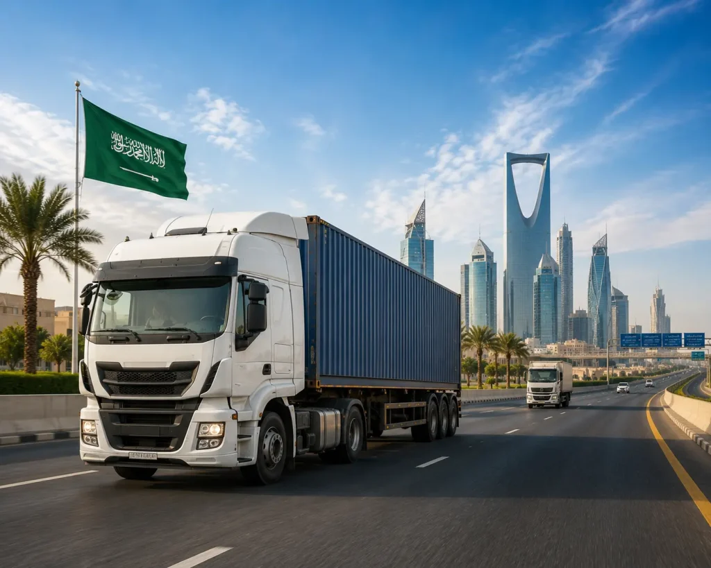 Container Truck Providing Land Transportation and Road Freight Services Across Saudi Arabia