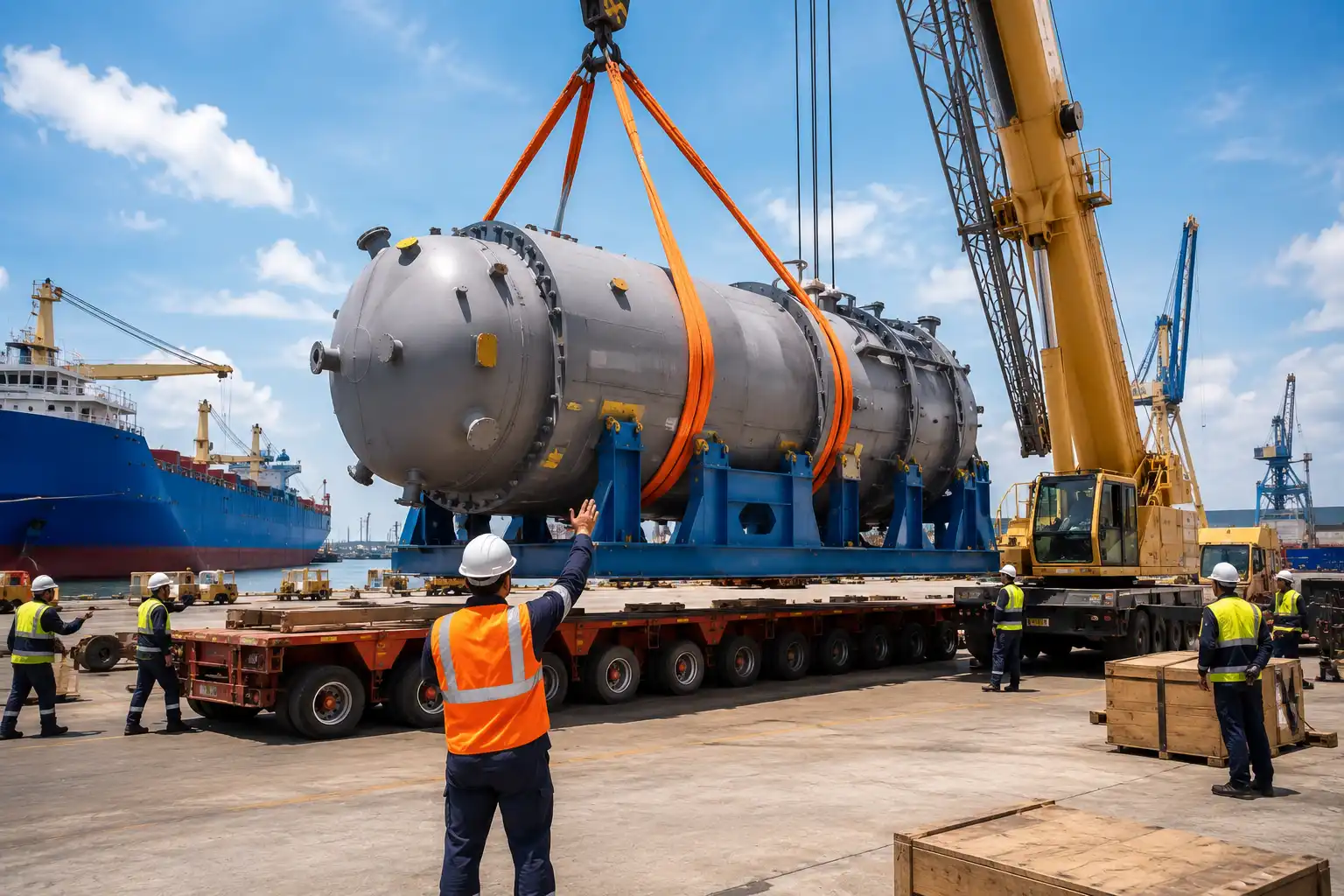 Heavy industrial equipment being lifted by a crane at a container port for project cargo transportation in Saudi Arabia.