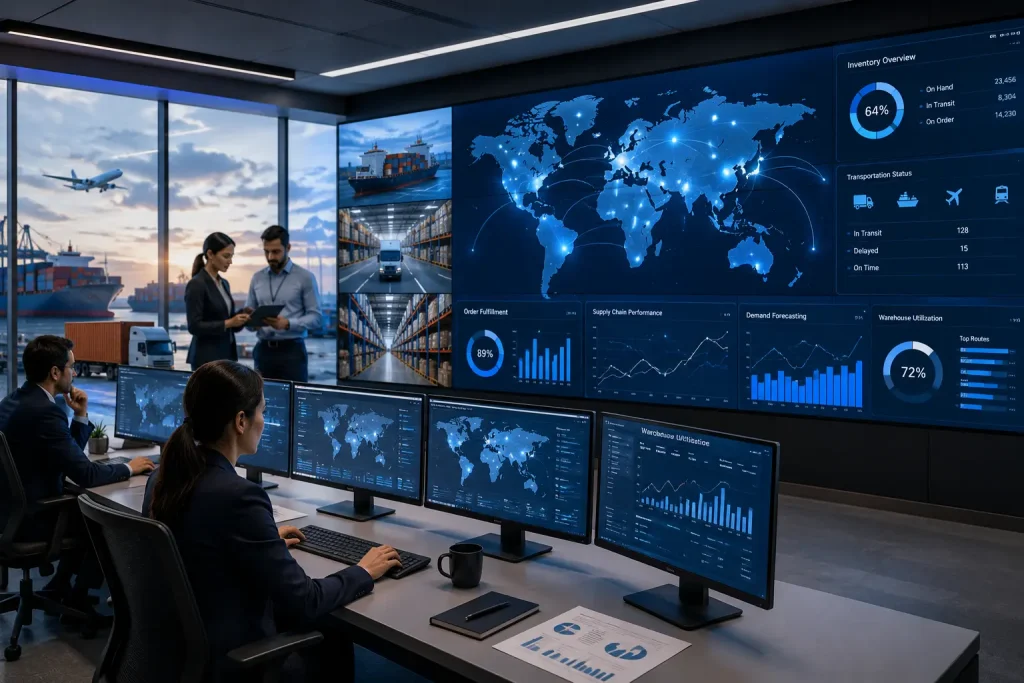 Supply Chain Management Control Center with Logistics Analytics and Global Operations