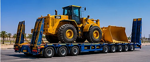 Wheel loader on a lowbed trailer