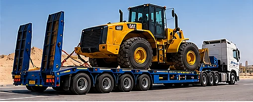 Heavy machinery secured on a low bed trailer